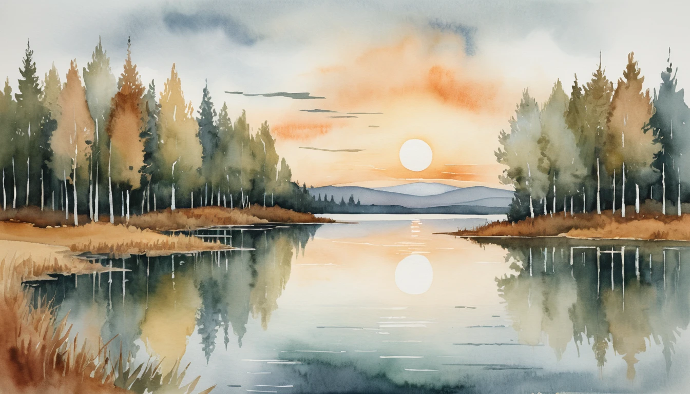 夕陽倒影與樹木的抽象湖景
