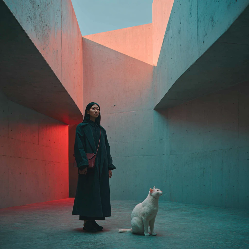 미니멀한 콘크리트 안뜰의 여성과 흰 고양이