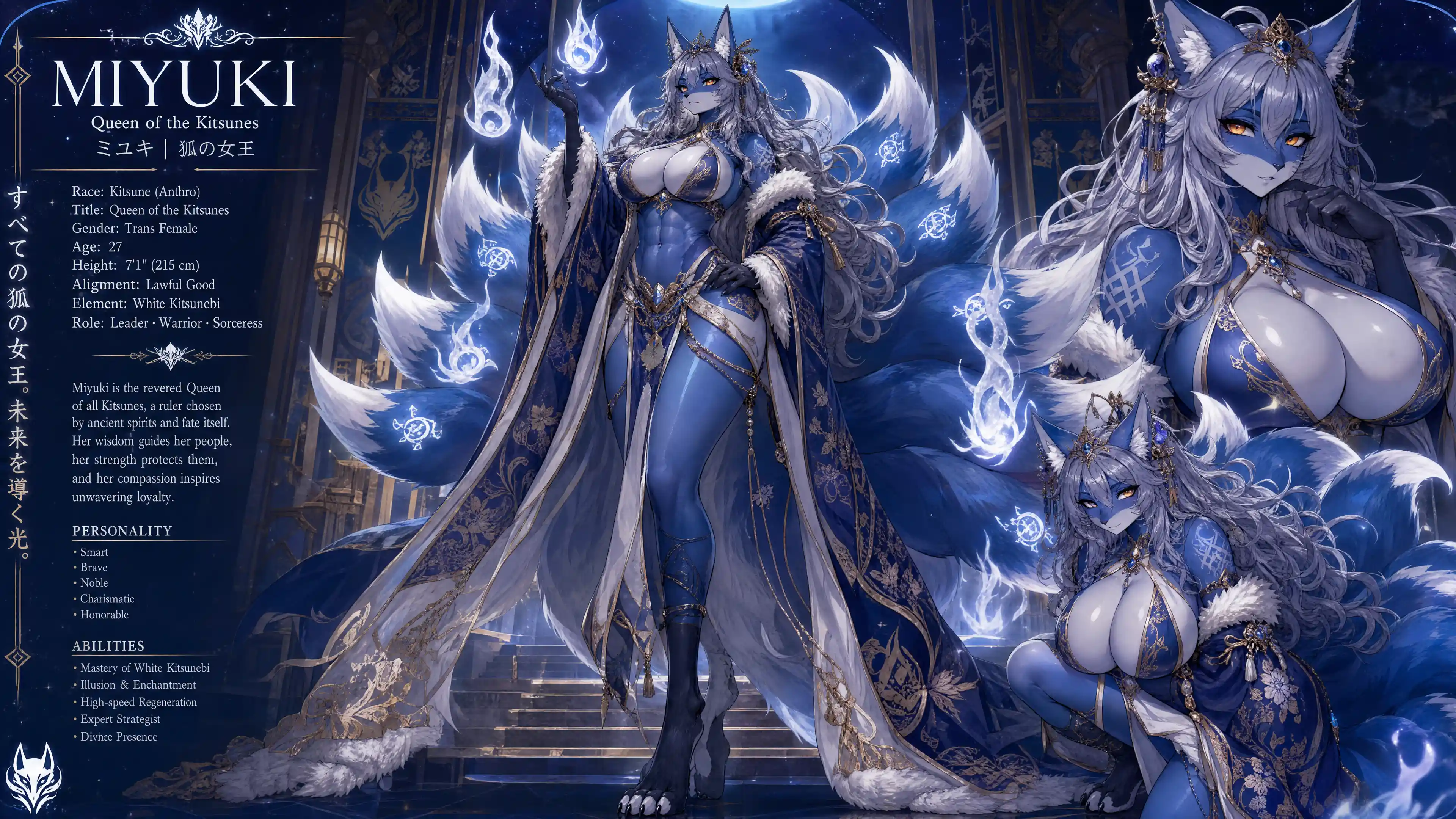 Regal blue kitsune queen with nine tails and silver hair