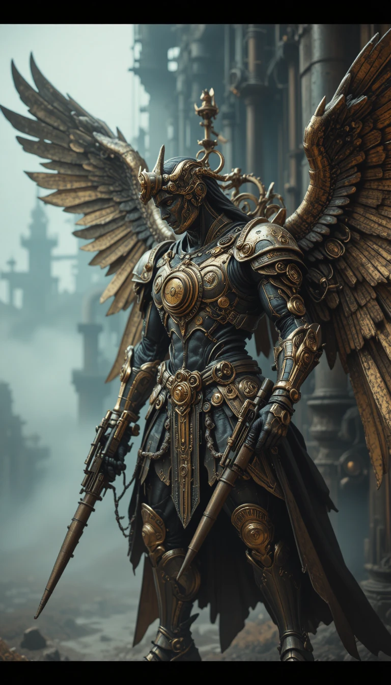 Guerreiro anjo steampunk entre máquinas industriais gigantes