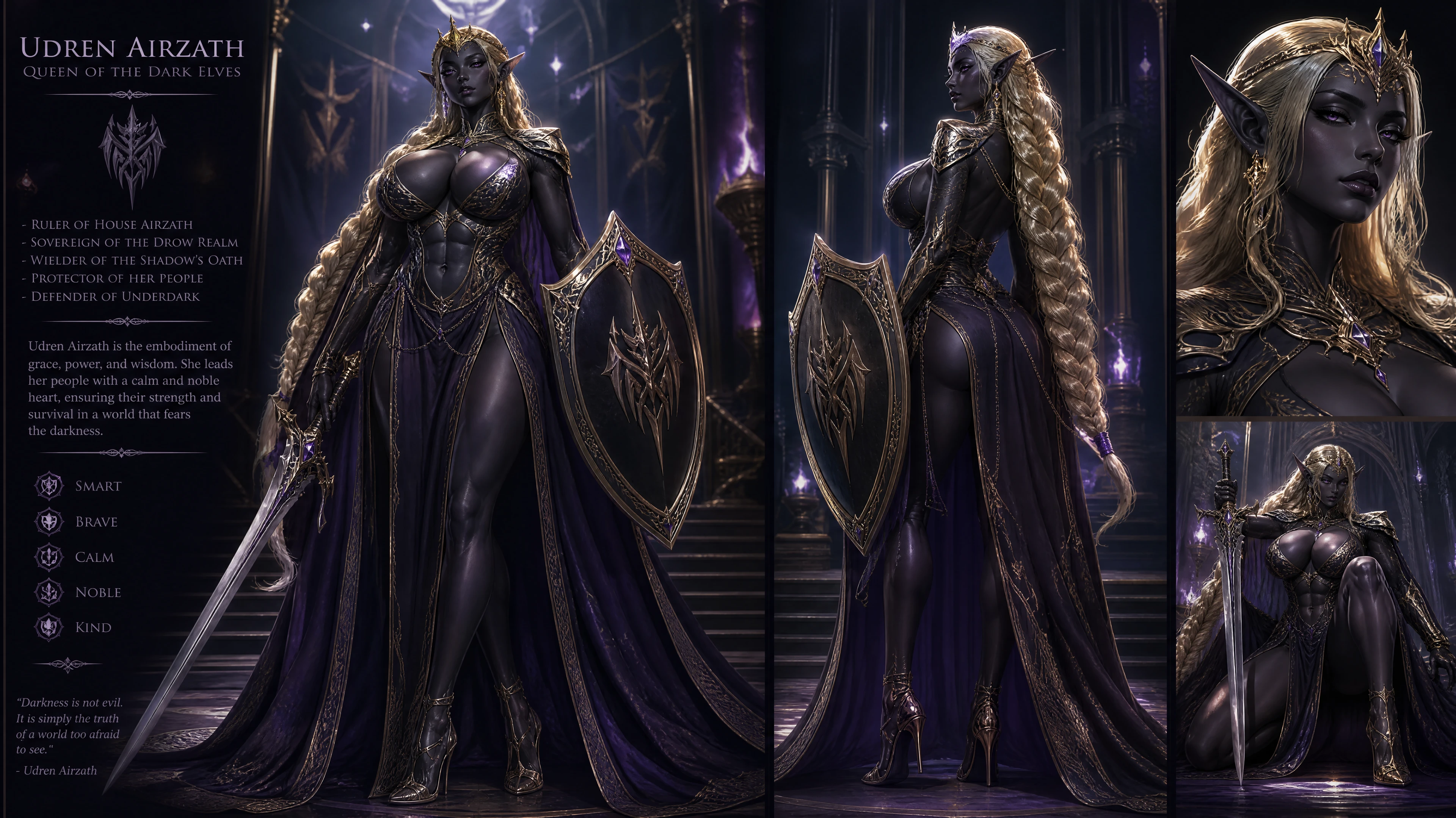 Reine elfe noire aux tresses dorées et à l’armure royale