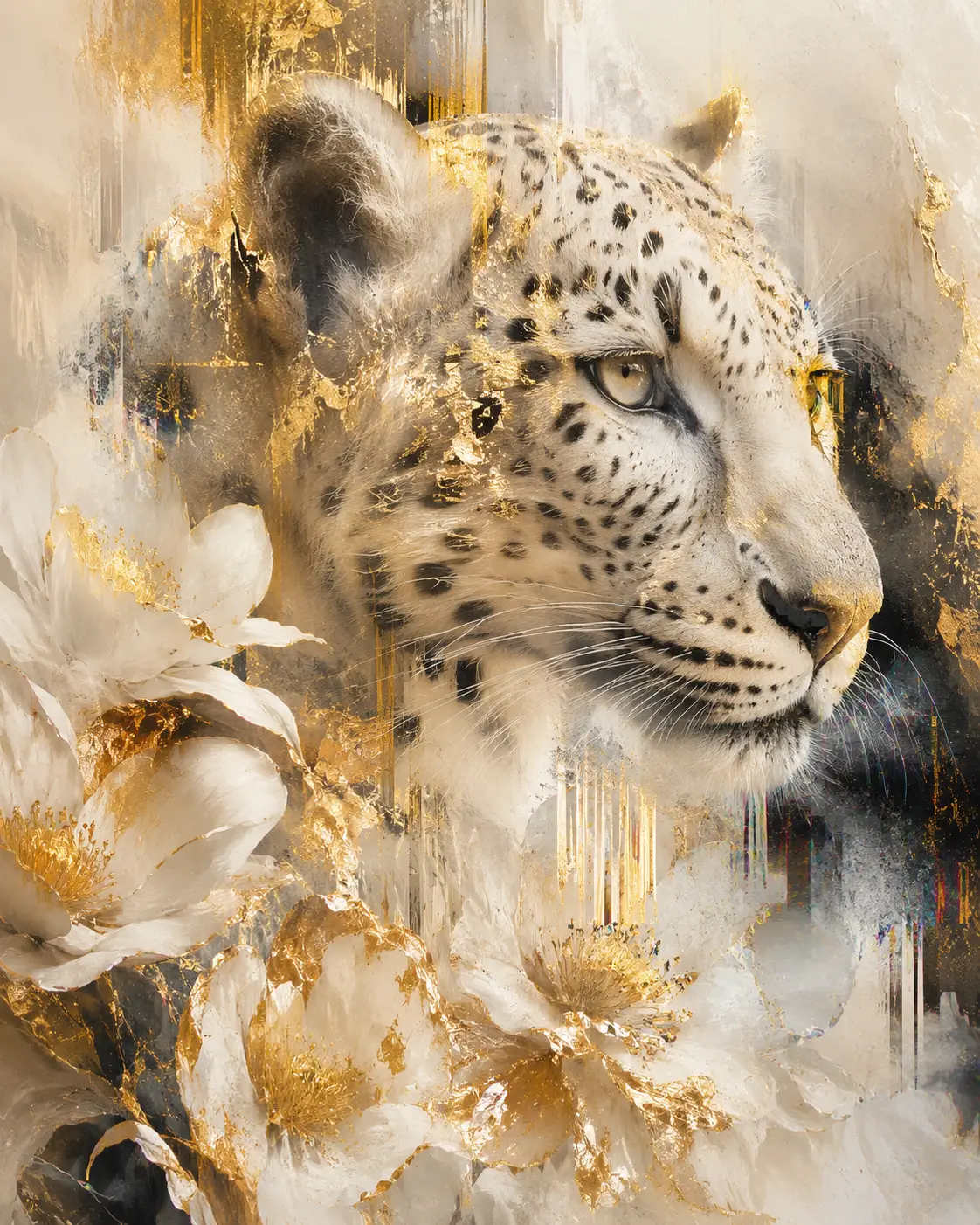 Leopardo bianco in primo piano con accenti floreali al neon dorato