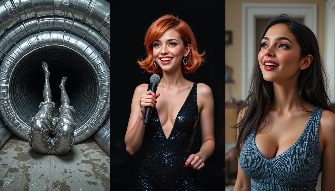 Mulher em vestido brilhante sorrindo com microfone no palco