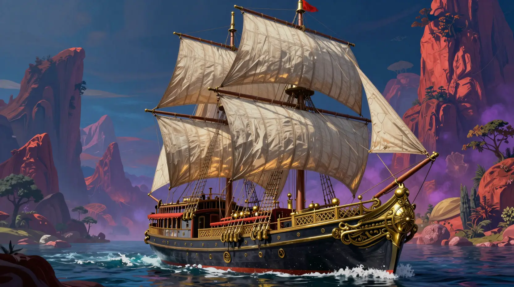 Surreal steamship sailing through a vivid fantasy landscape