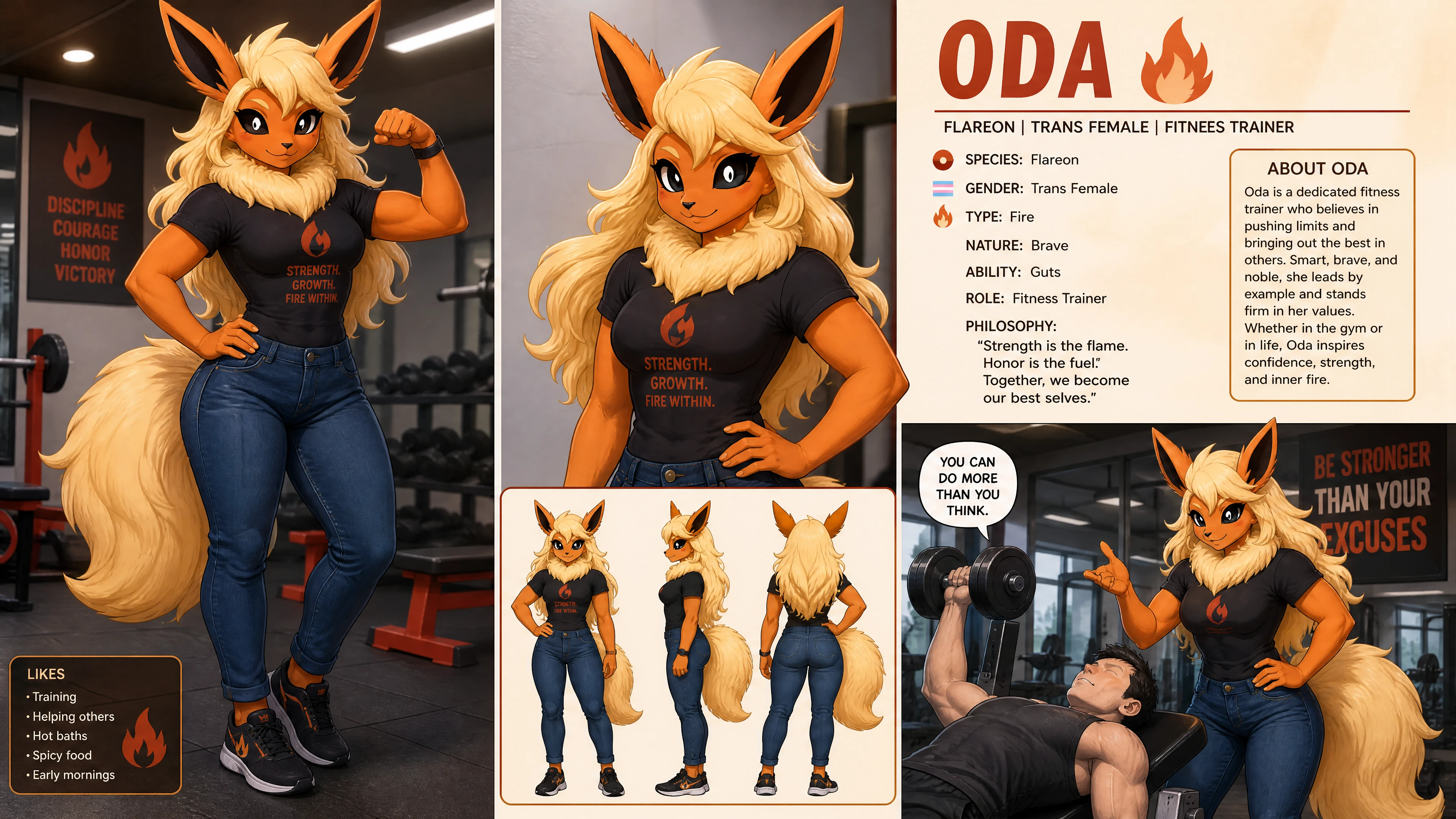 Anthropomorphe Flareon-Frau mit blonden Haaren im lässigen Outfit