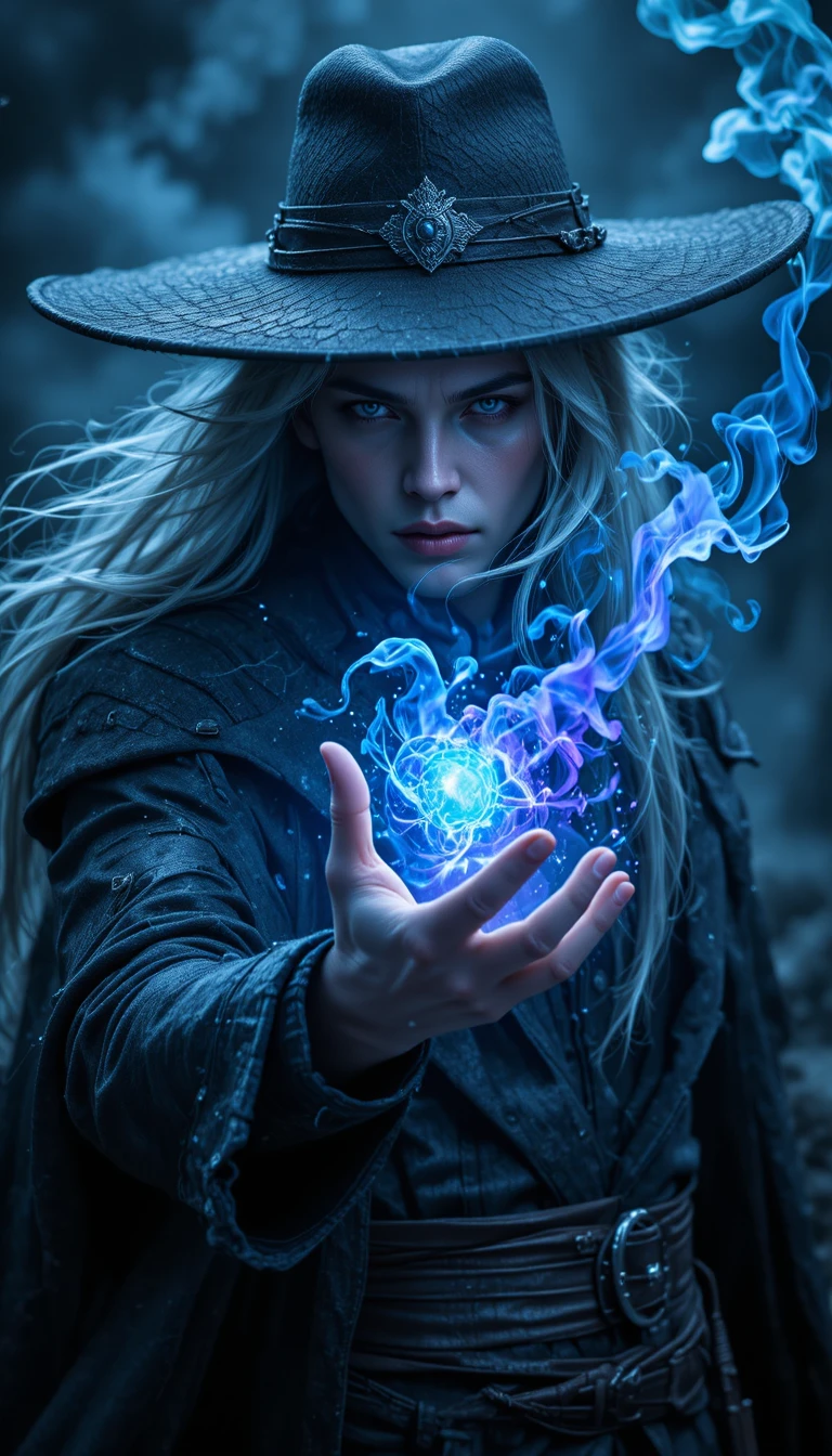 Weißhaariger Magier, der blaue Magie im Wind beschwört