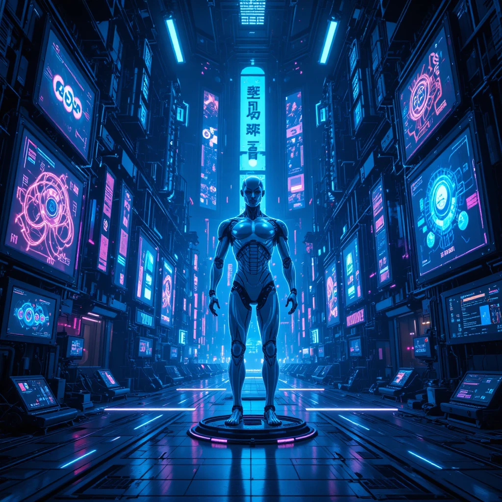 Android futuristico in città cyber neon con ologrammi