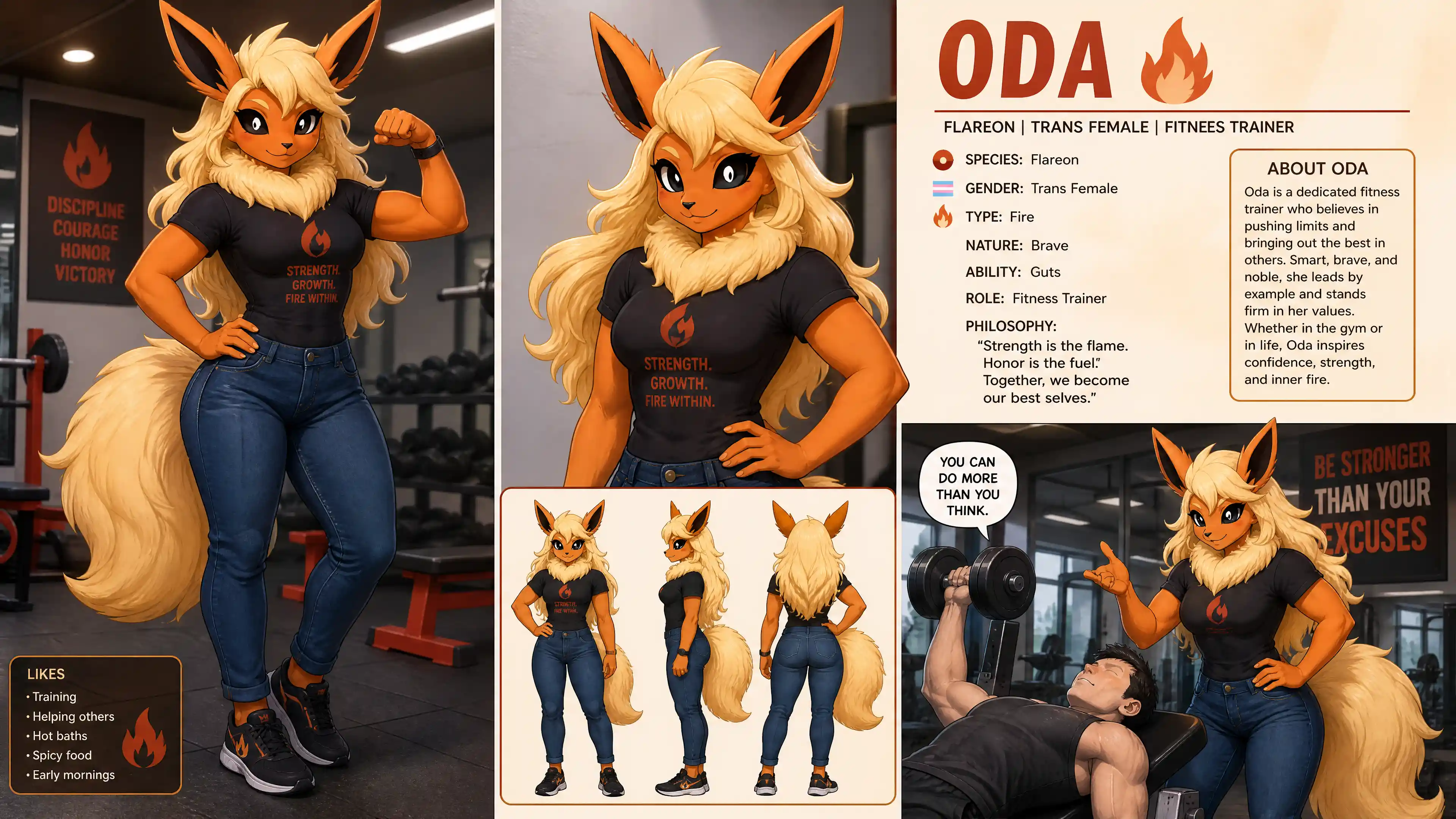 Anthropomorphe Flareon-Frau mit blonden Haaren im lässigen Outfit