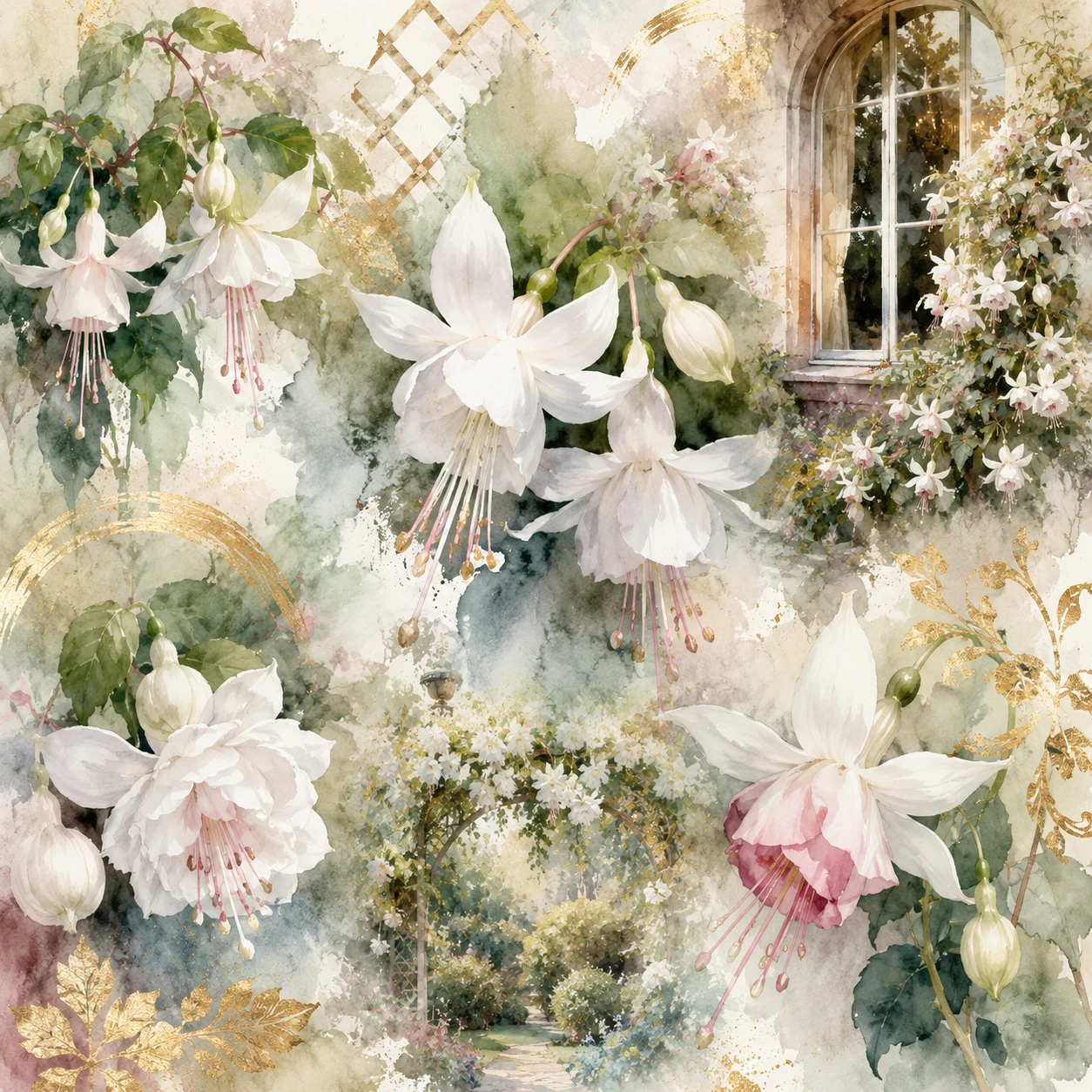 Moodboard em aquarela de flores de fúcsia brancas no jardim