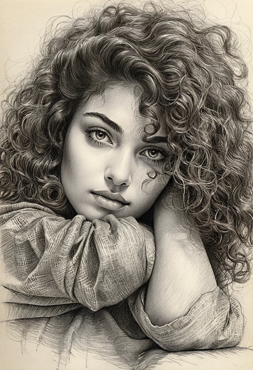 Charcoal pencil portrait of a young woman resting on her arms