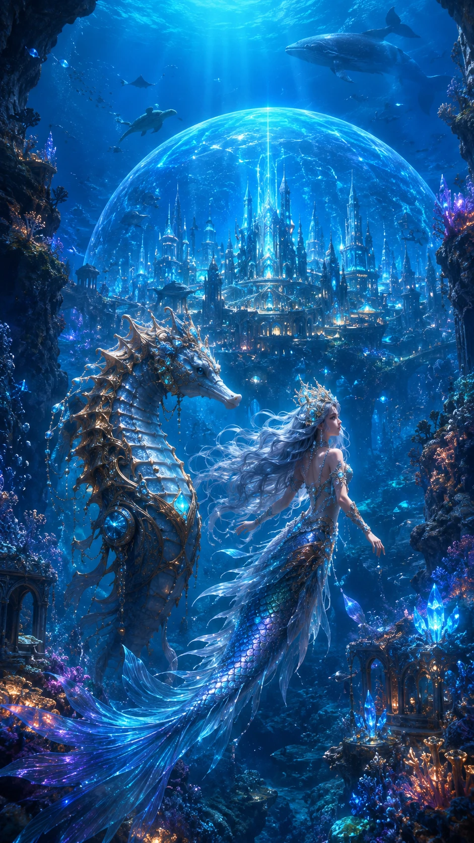 Majestic underwater city beneath a vast crystal glass dome