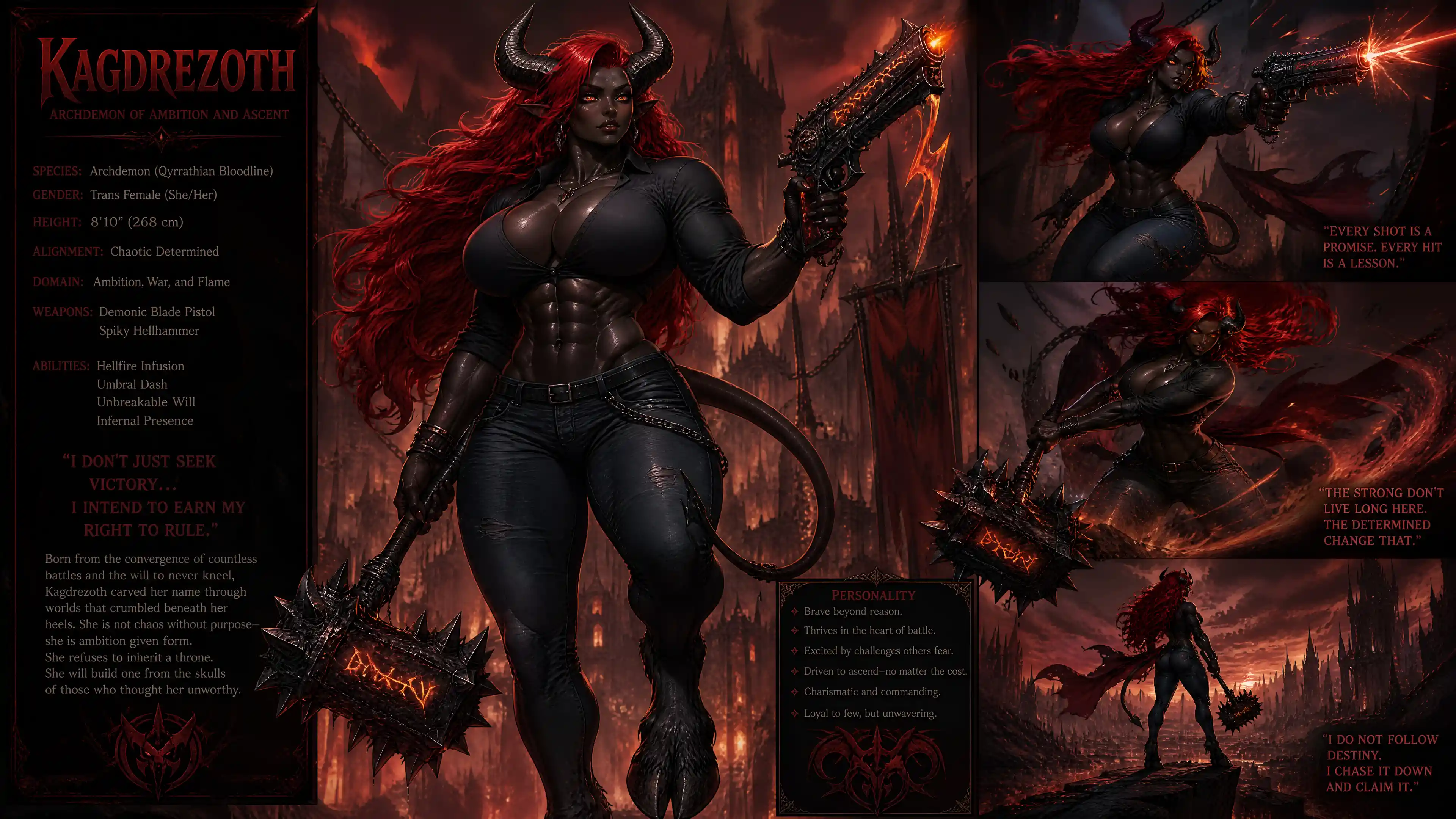Alta demonio con cuernos, cabello de fuego y armas