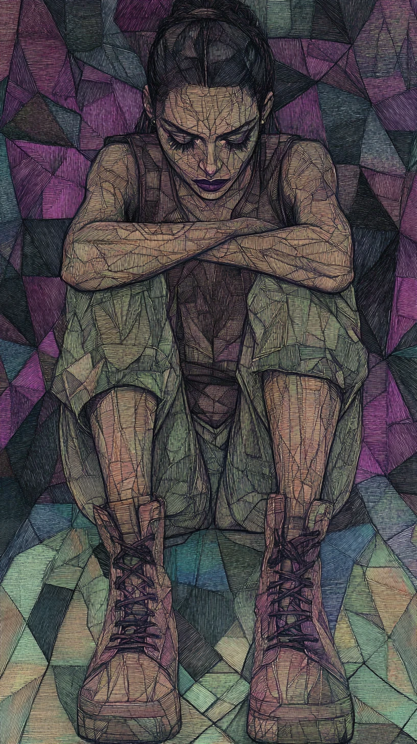 幾何馬賽克中盤腿而坐的女子