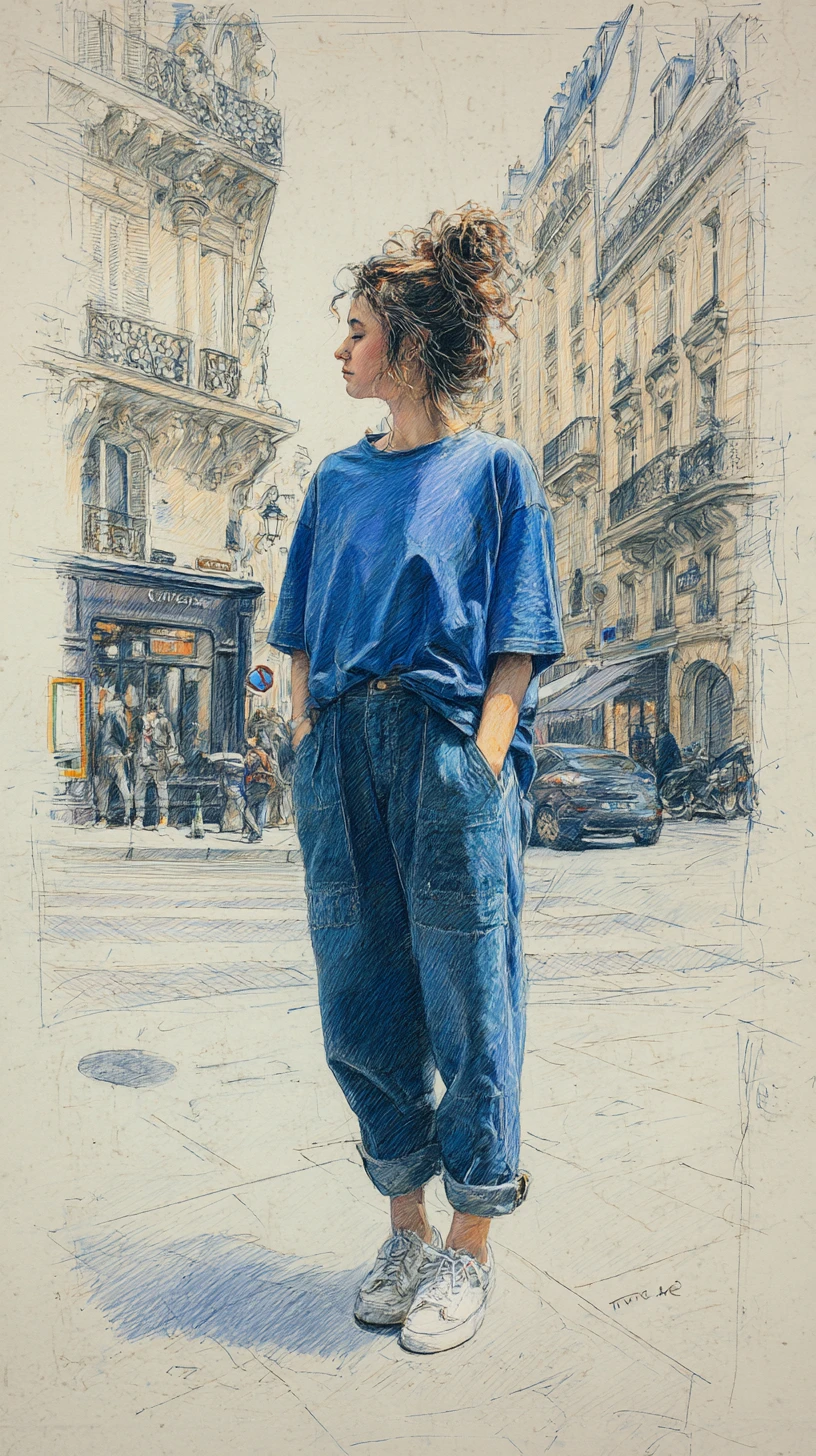 Giovane donna con abiti oversize in una strada parigina