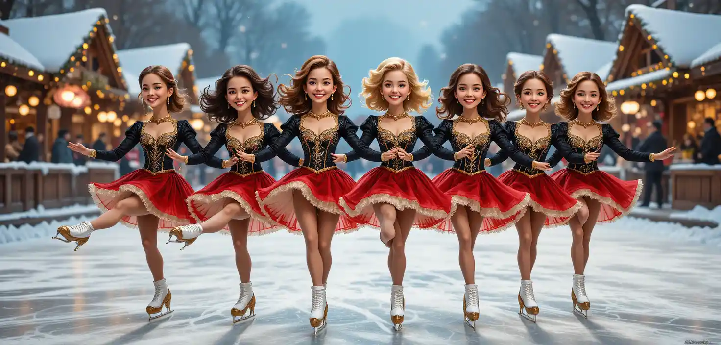 Jovens em fantasias de patinação vintage em performance de linha de chutes
