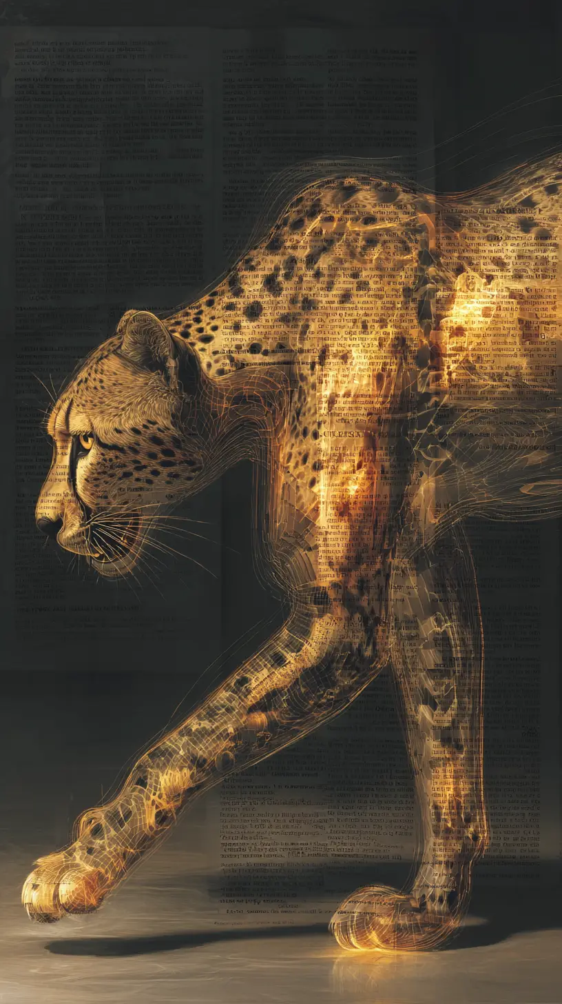 Guépard en mouvement se dissolvant en script abstrait lumineux