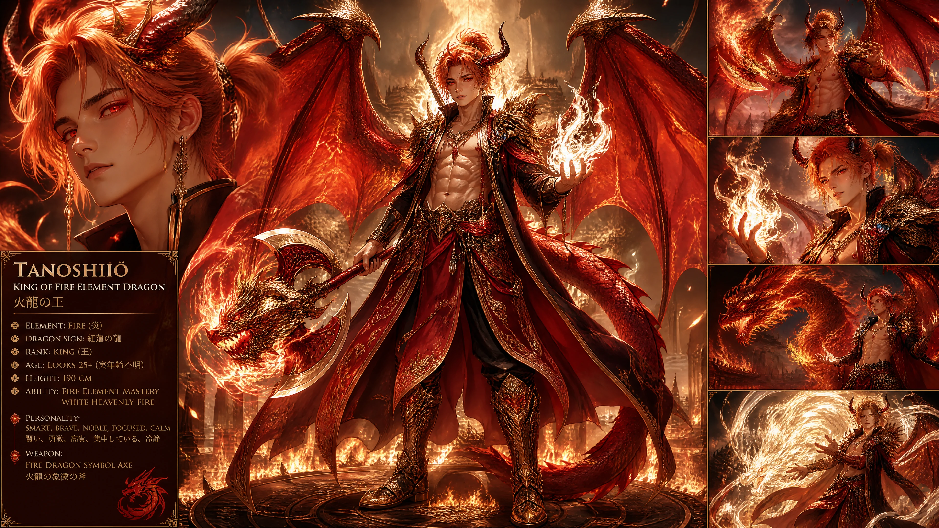 Fire dragon king with red wings horns and royal armor