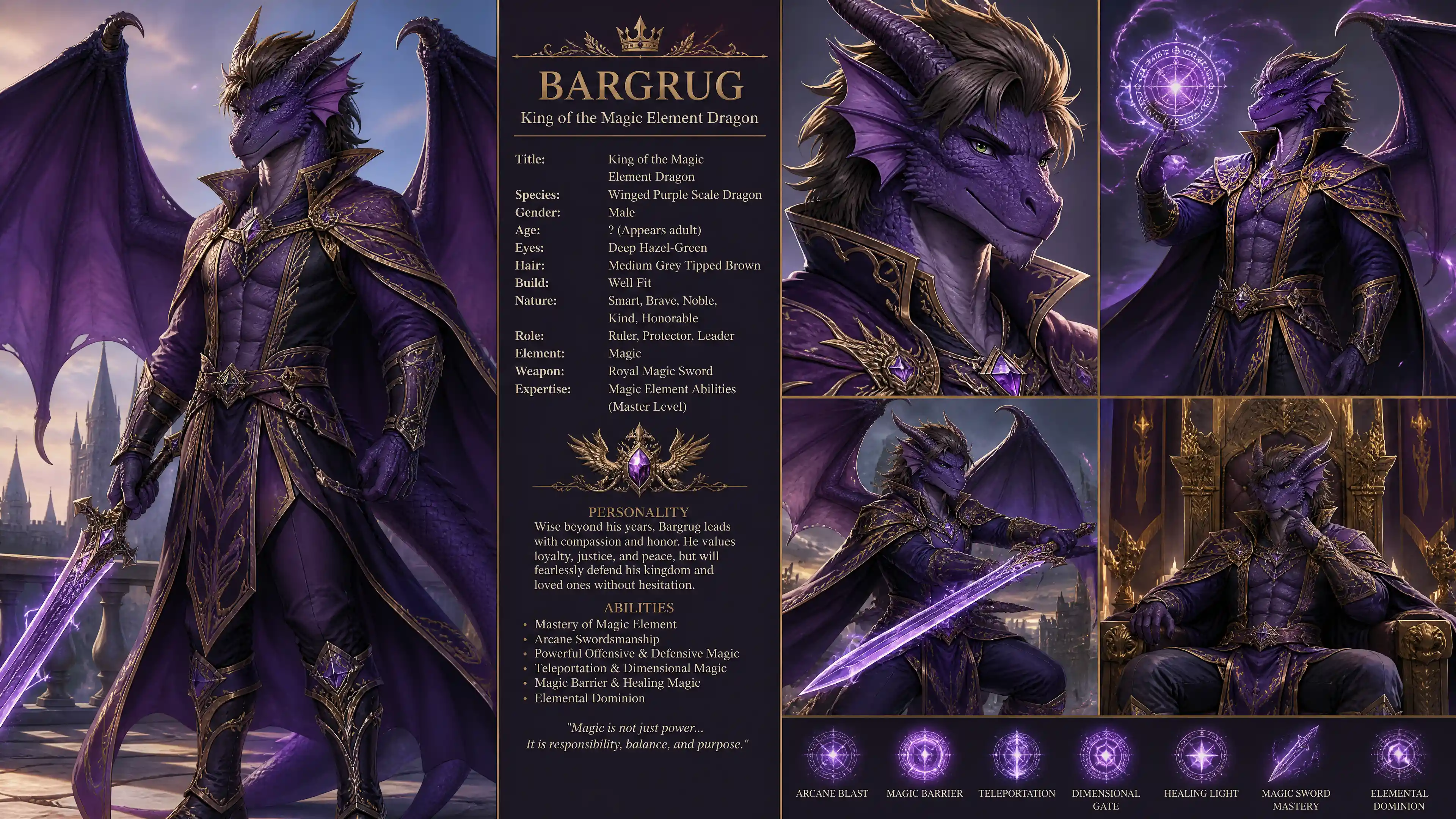 Winged purple dragon king in royal magical garments