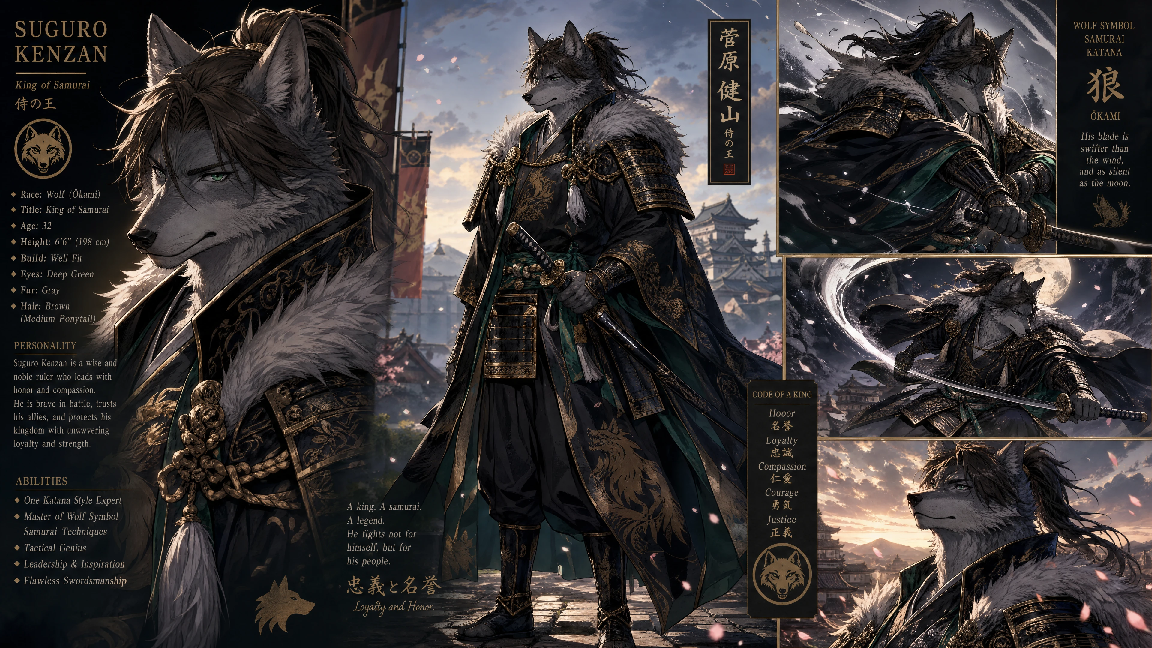Re lupo samurai antropomorfo in armatura reale che sta in piedi con fierezza