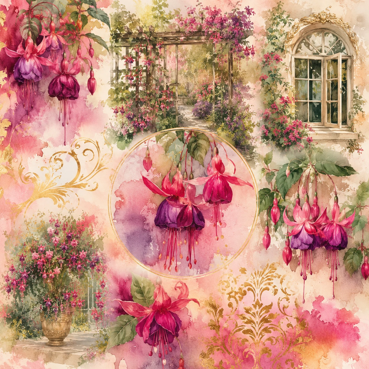 Aquarell-Moodboard mit Fuchsienblüten im Garten