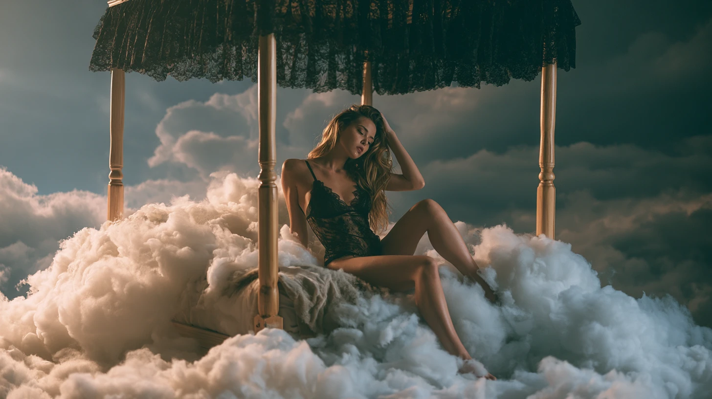 Joven soñadora en una cama con dosel entre las nubes