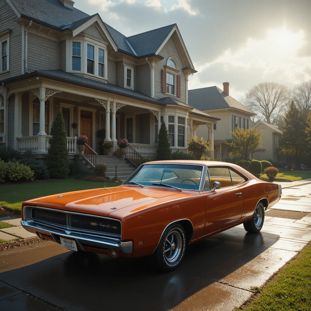 Vintage Dodge Charger On A Wet Residential Driveway