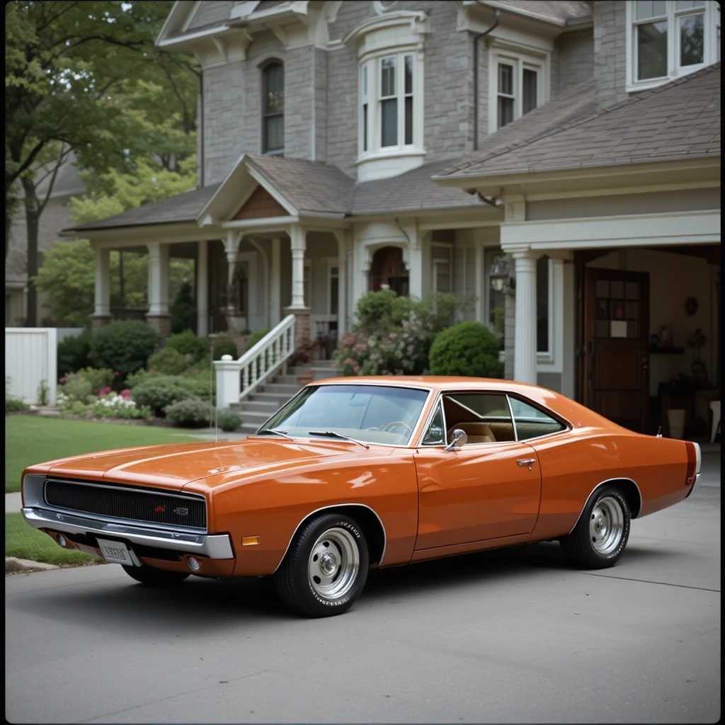 Muscle car arancione ruggine del 1967 parcheggiata accanto a una casa vittoriana