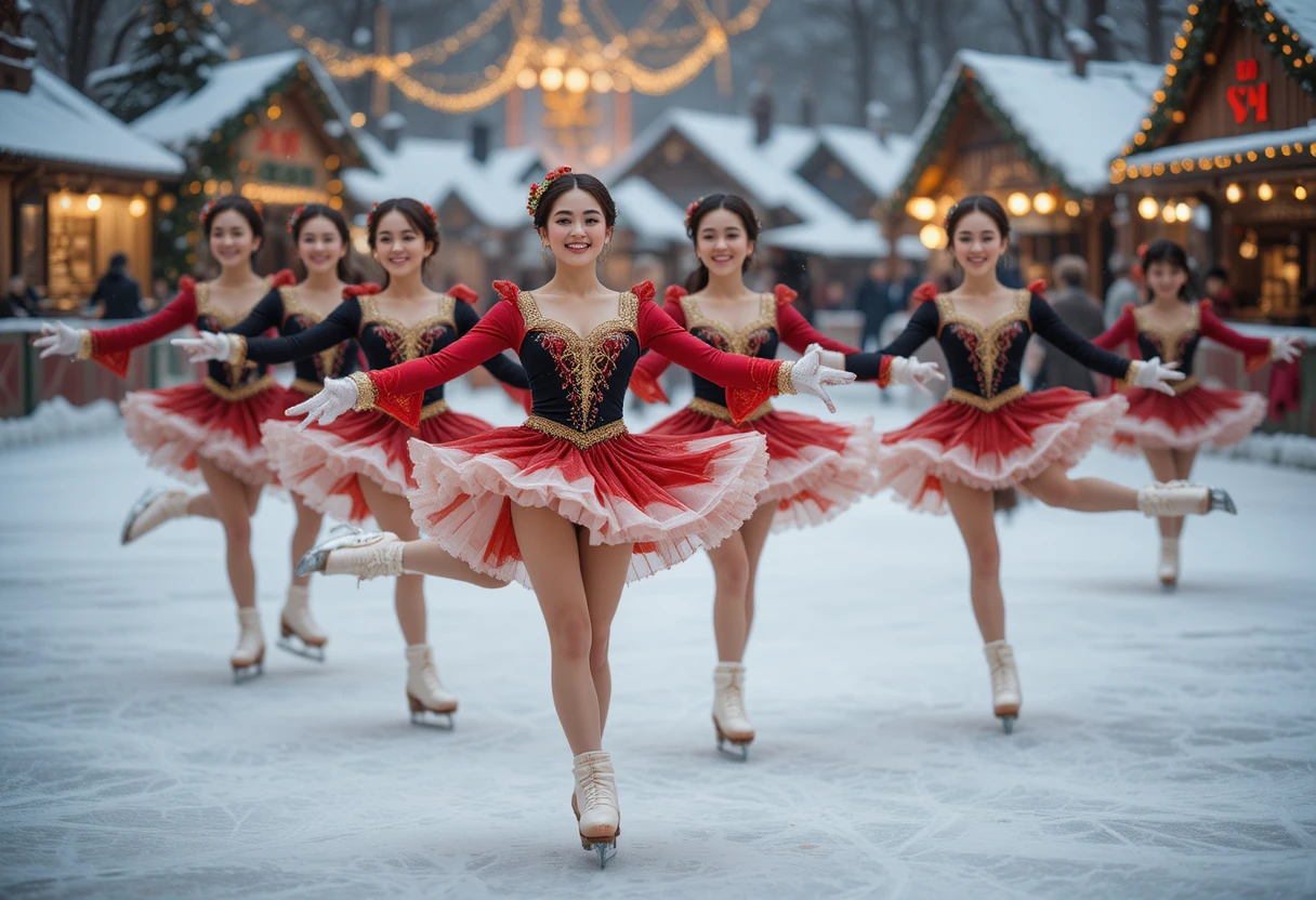 Jovens patinadoras em trajes vintage dando chutes em uníssono ao ar livre