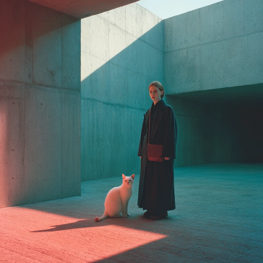Mulher e gato branco em pátio minimalista de concreto