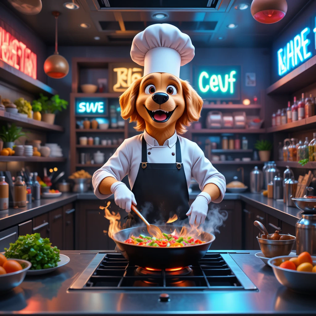 Golden retriever chef cooking in a busy restaurant kitchen