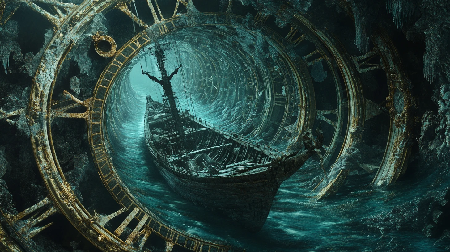 Barca scheletrica surreale che percorre un fiume a spirale di orologi