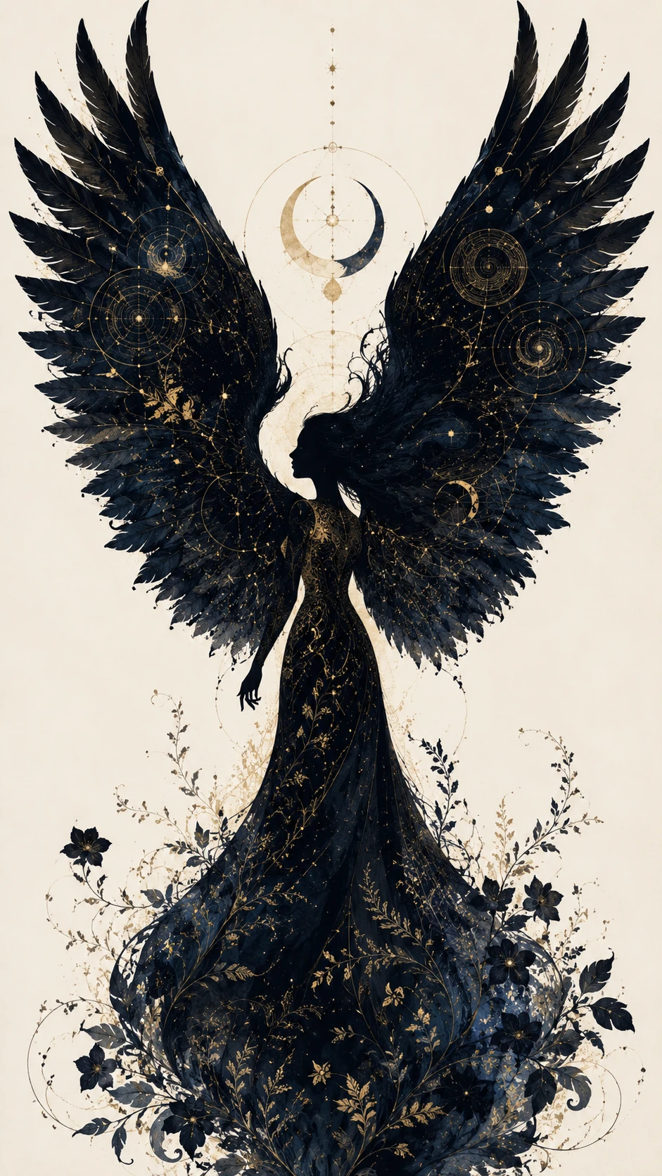 Donna in silhouette con ali di corvo e botanica celestiale