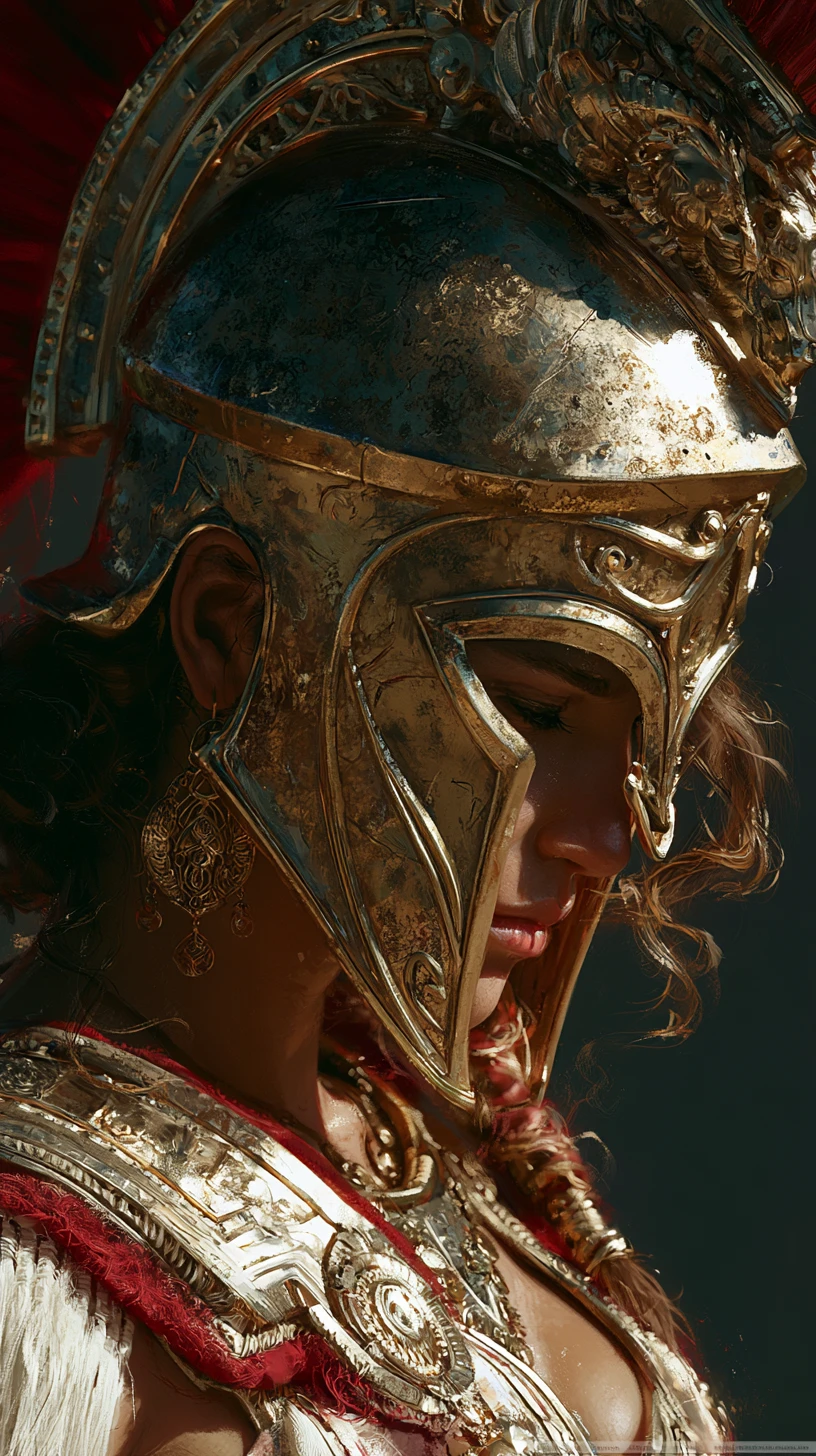 Linda mulher com capacete espartano sob iluminação dramática e intensa