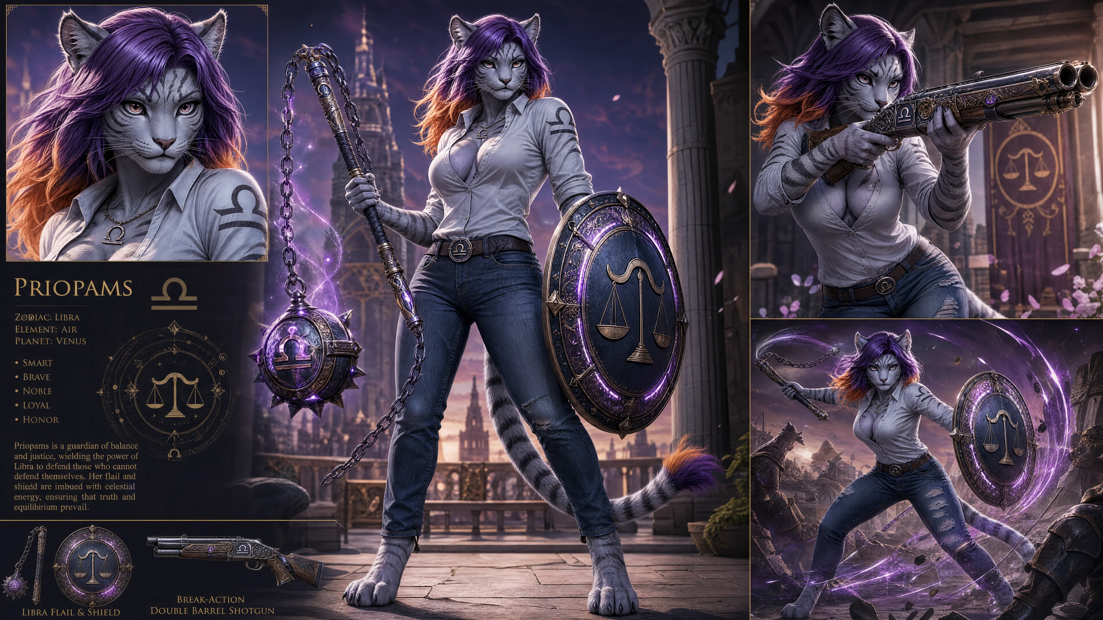Femme tigre argentée anthro avec fléau, bouclier et fusil à pompe