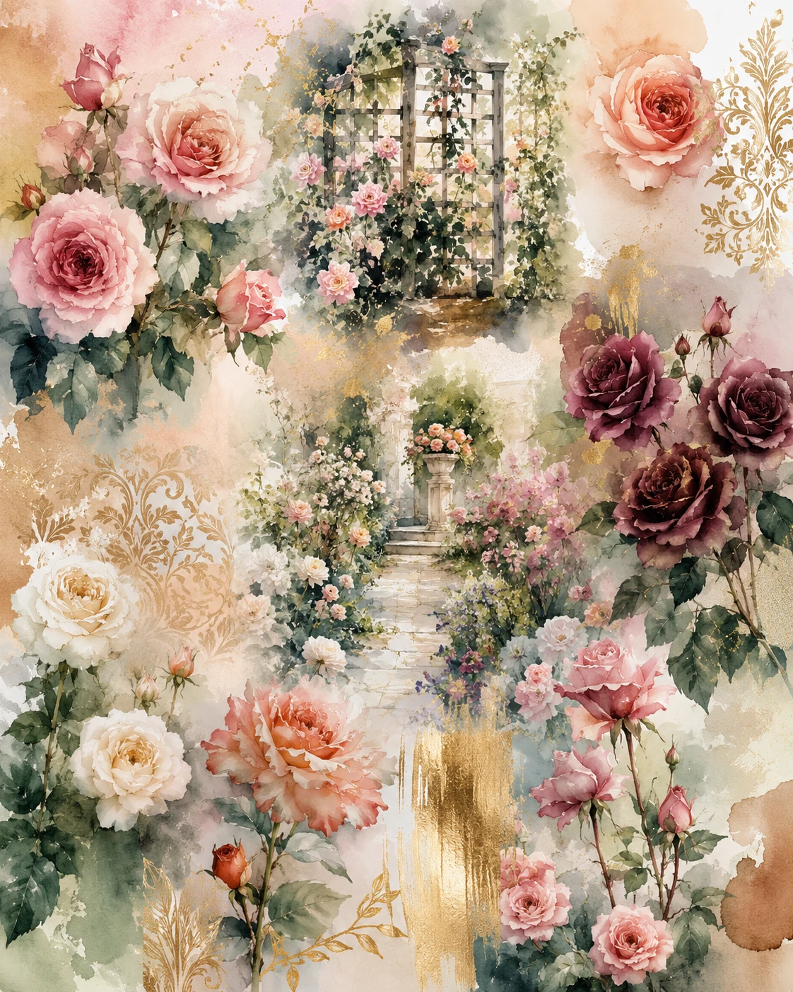 Moodboard de rosas en acuarela en un jardín de ensueño