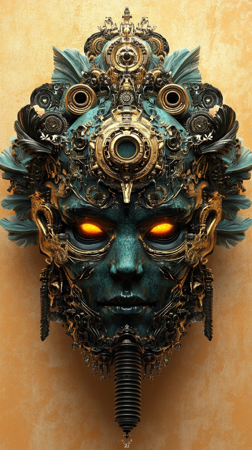 Máscara Biomecânica Tribal Ornamental com Retrato Frontal Simétrico