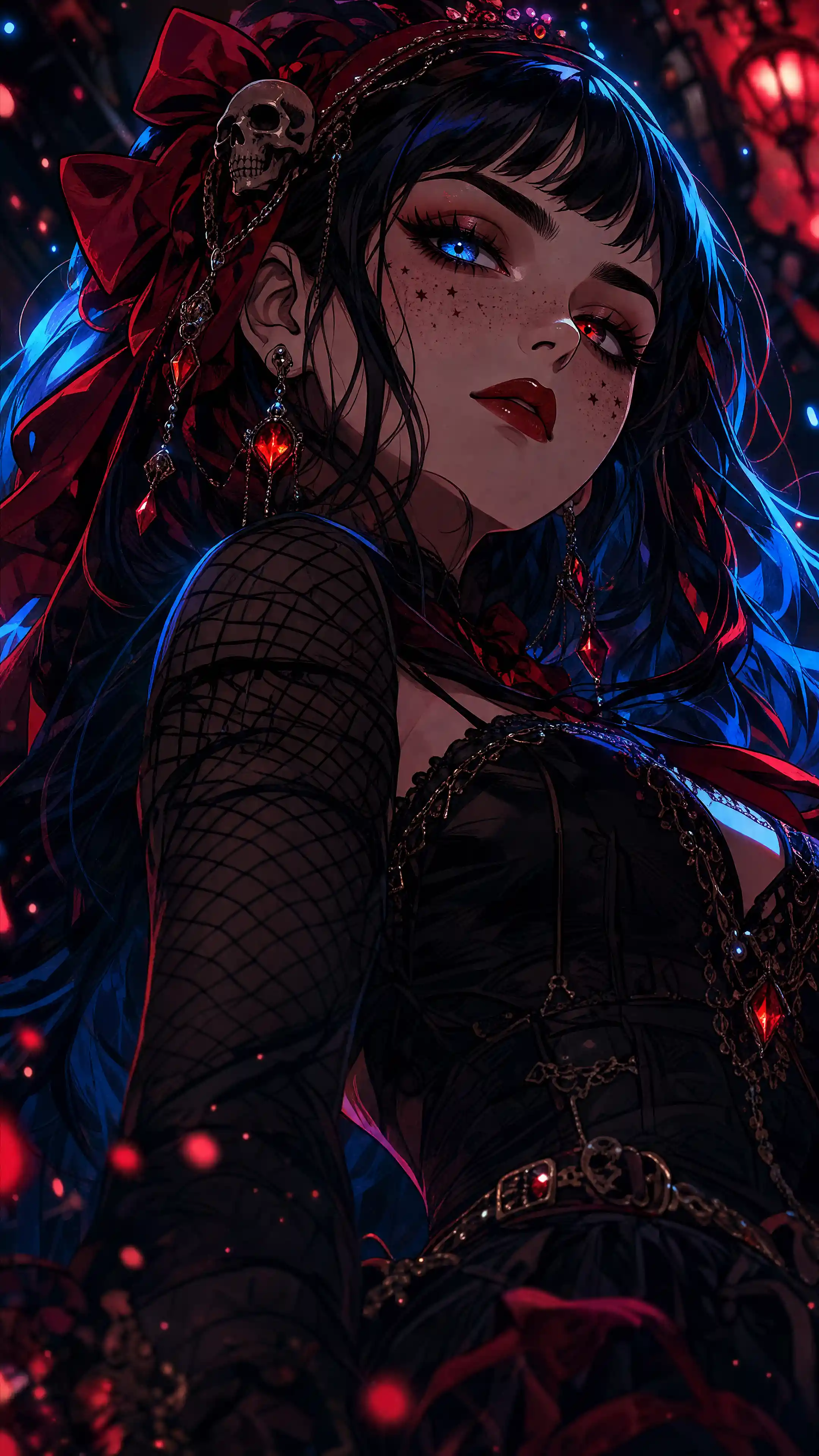Gothic girl close up with heterochromia and glowing eyes