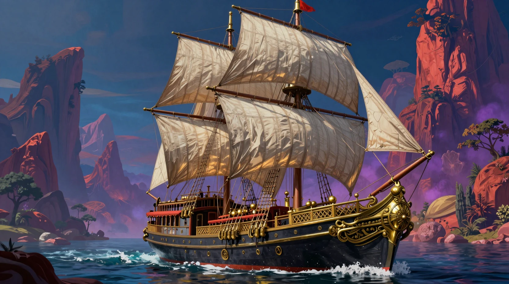 Surreal steamship sailing through a vivid fantasy landscape