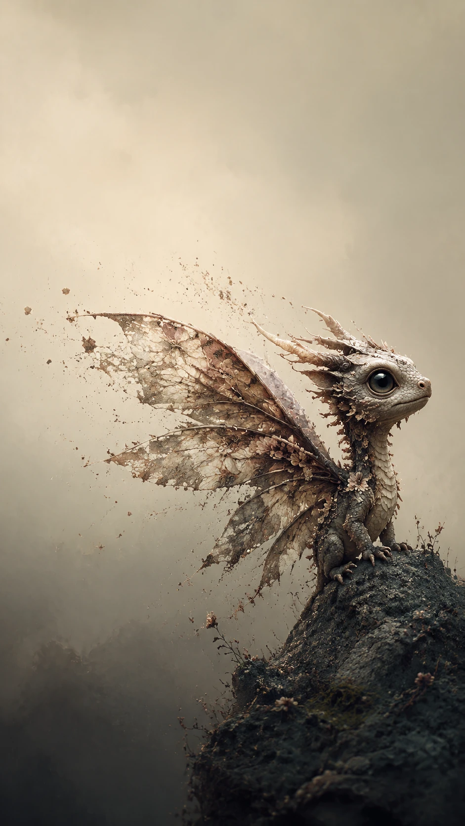 Pequeño dragón de alas de polilla con pétalos y flores marchitas