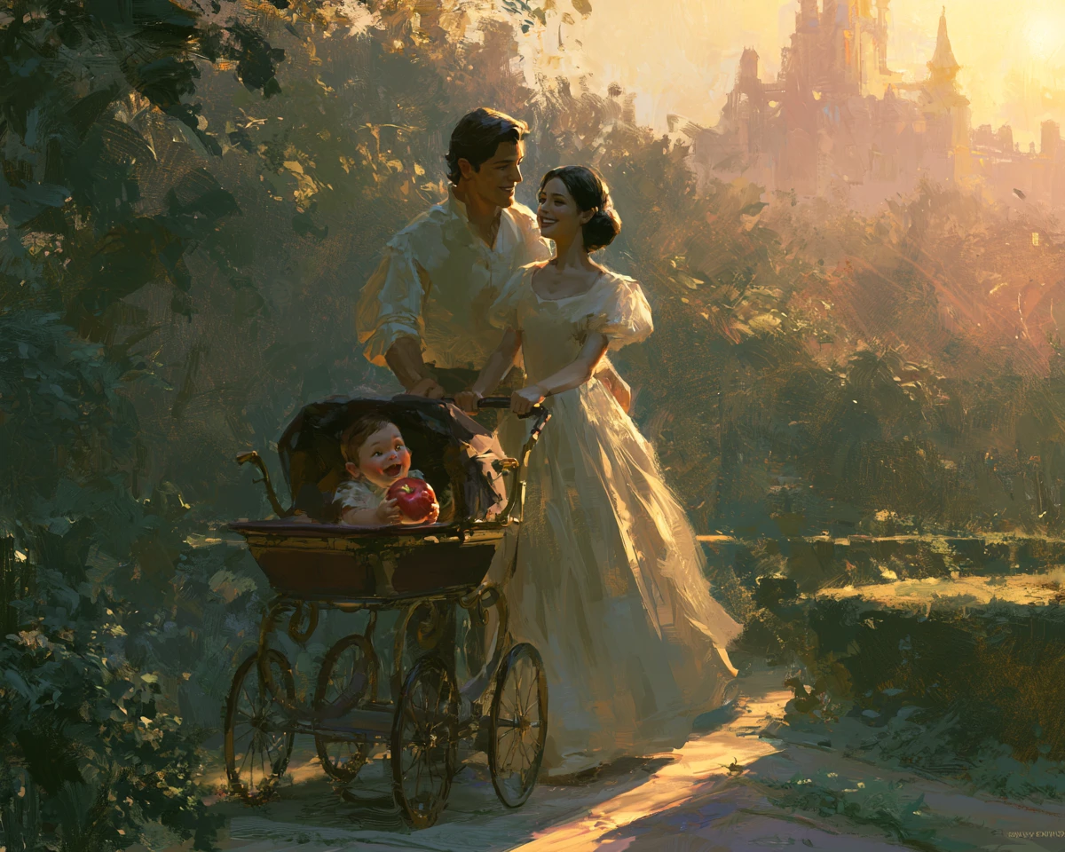 Princesa e príncipe caminhando com um carrinho de bebê nos jardins do palácio