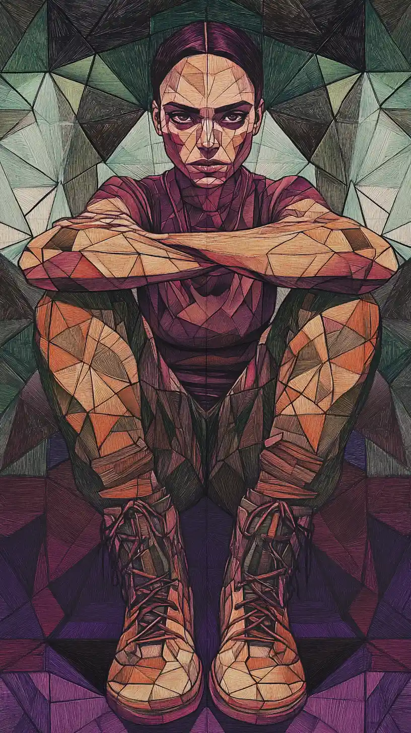 Femme en mosaïque géométrique assise en tailleur