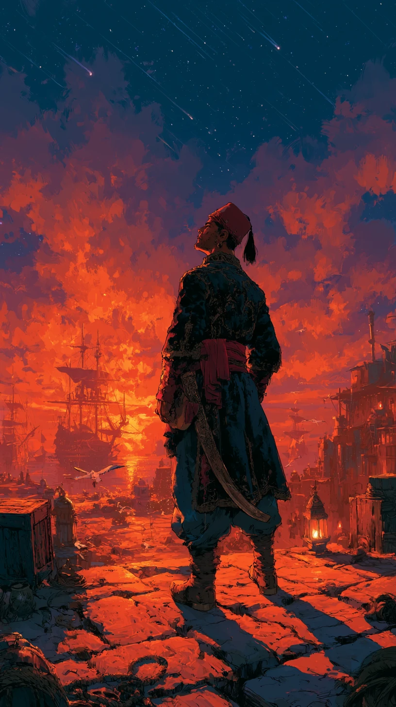 Corsaire algérien sur le quai d’un port méditerranéen au crépuscule