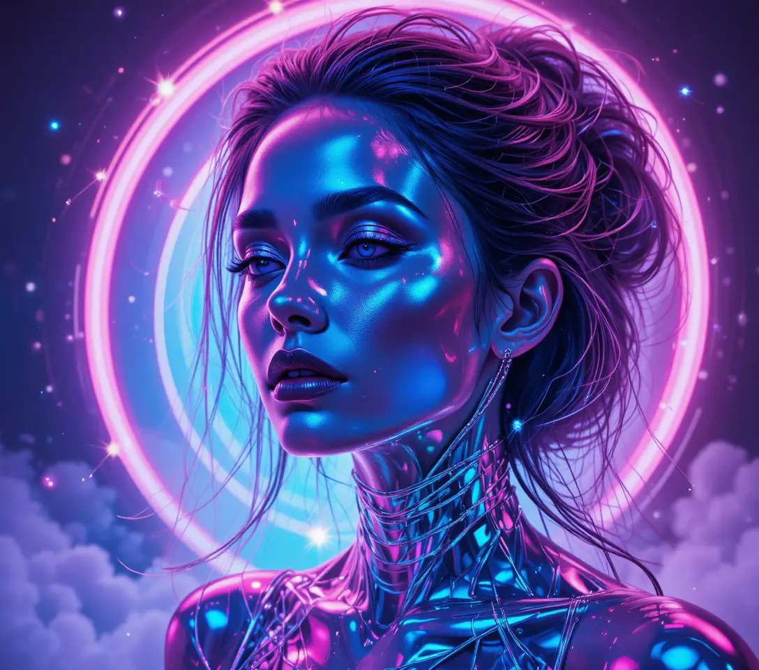 Muse cyberpunk surréaliste à la peau holographique et à l’aura néon