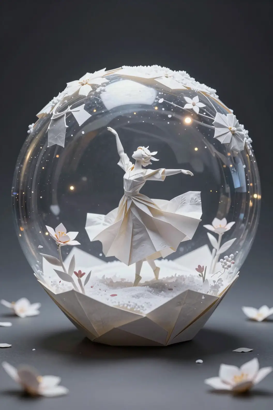 雪地上玻璃球中的摺紙場景