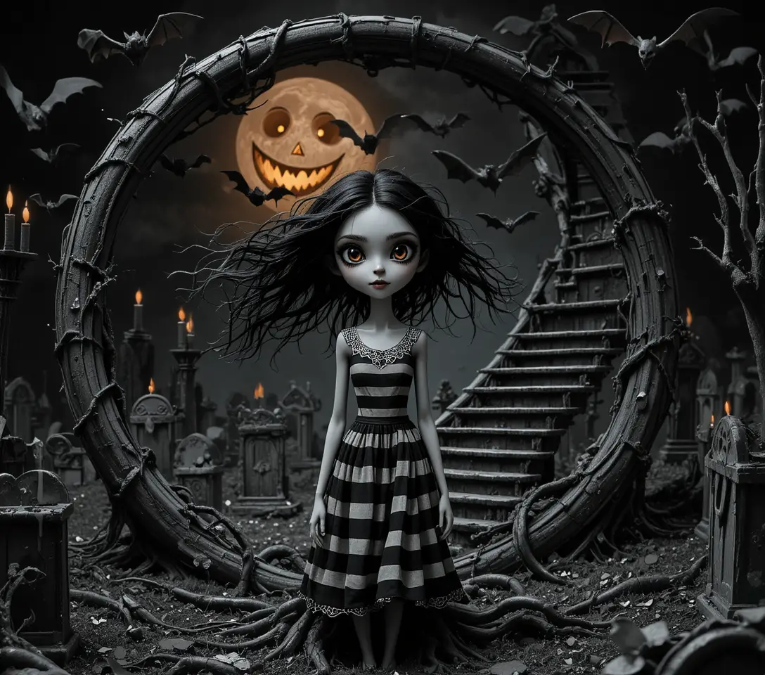 Gothic-Mädchen auf einem Halbmond-Friedhof in der Nacht