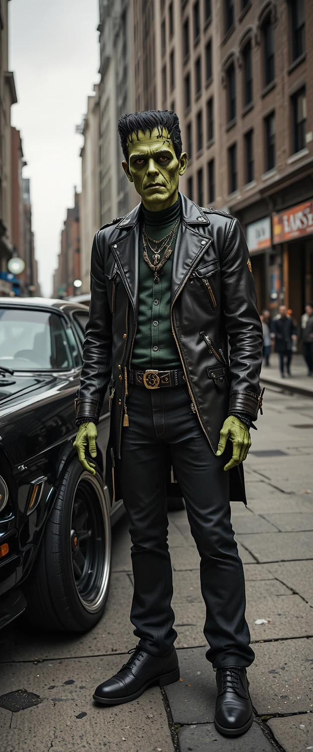 Frankenstein com estilo de rapper da Costa Oeste na cidade
