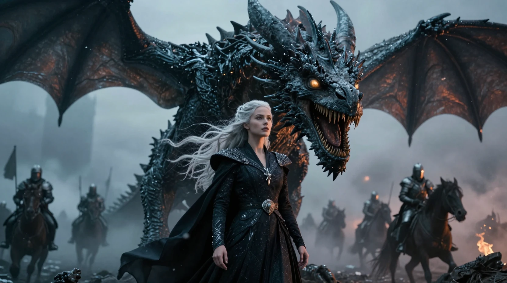 Silver haired queen facing a colossal black dragon