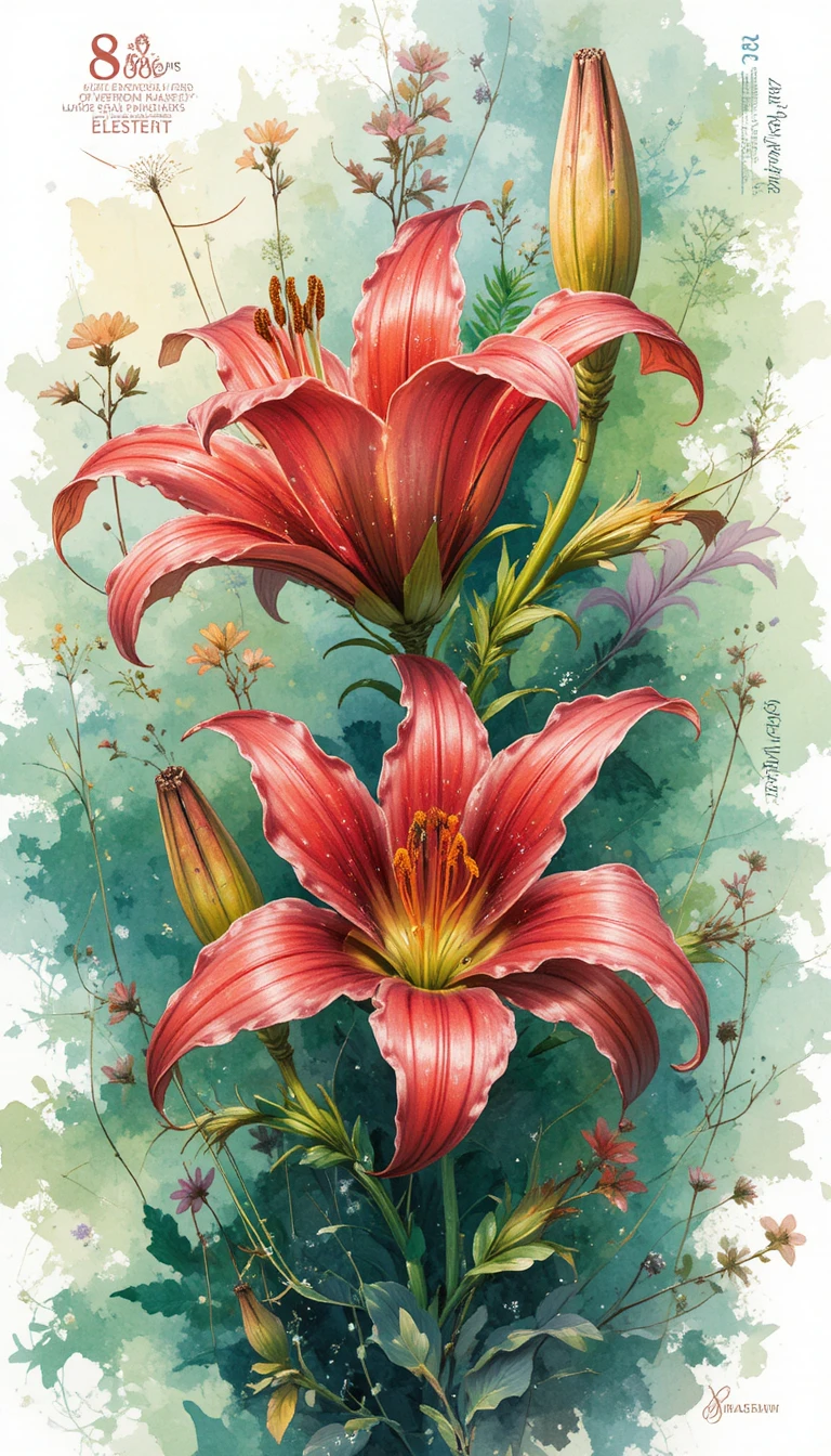 Illustration aquarelle de lys gloriosa sur fond blanc et vert