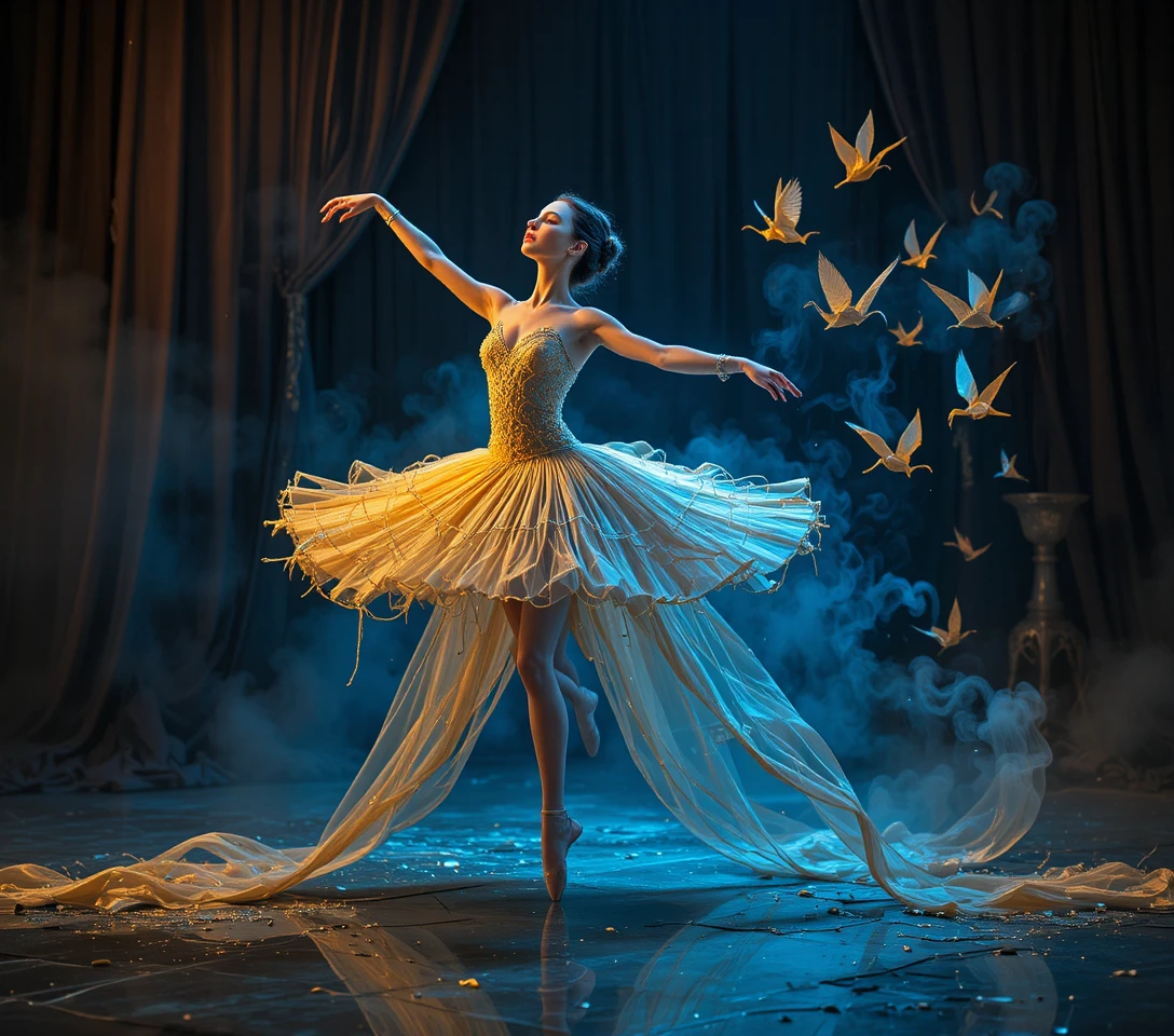 Ballerina-Pirouette mit flüssigem Goldtutu und Kranichen
