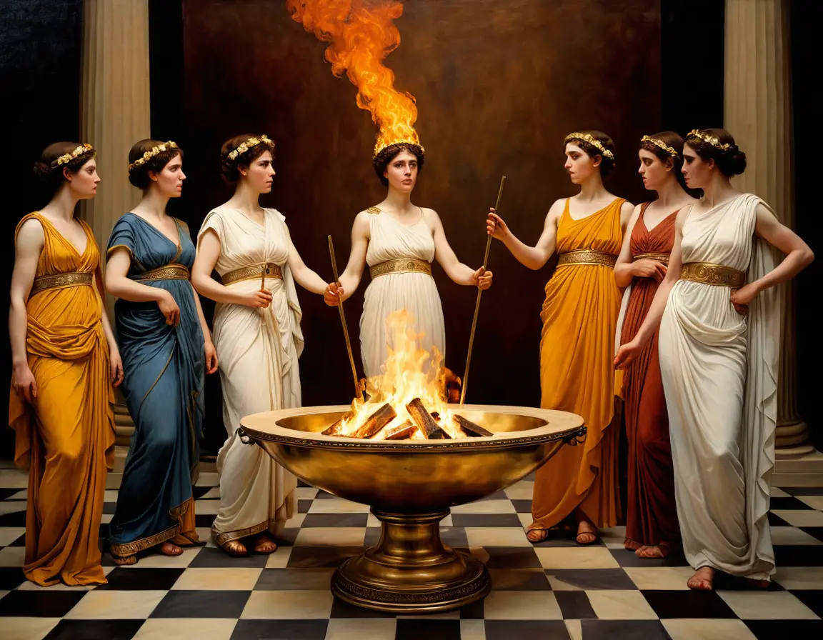 Women in Greek costumes approach a central ritual fire